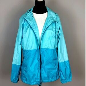 Columbia Lightweight Windbreaker Colorblock Jacket Sz Large Blue Hooded Full Zip